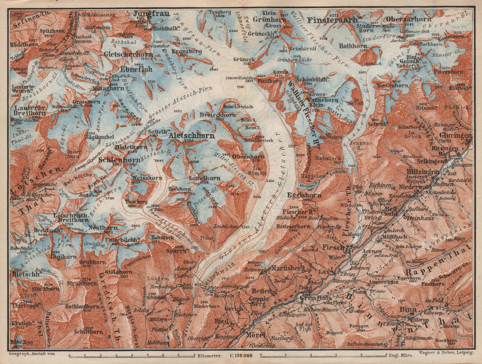 ALETSCHHORN DISTRICT. Fiesch Mörel Jungfrau Nesthorn Grengiols 1897 old map